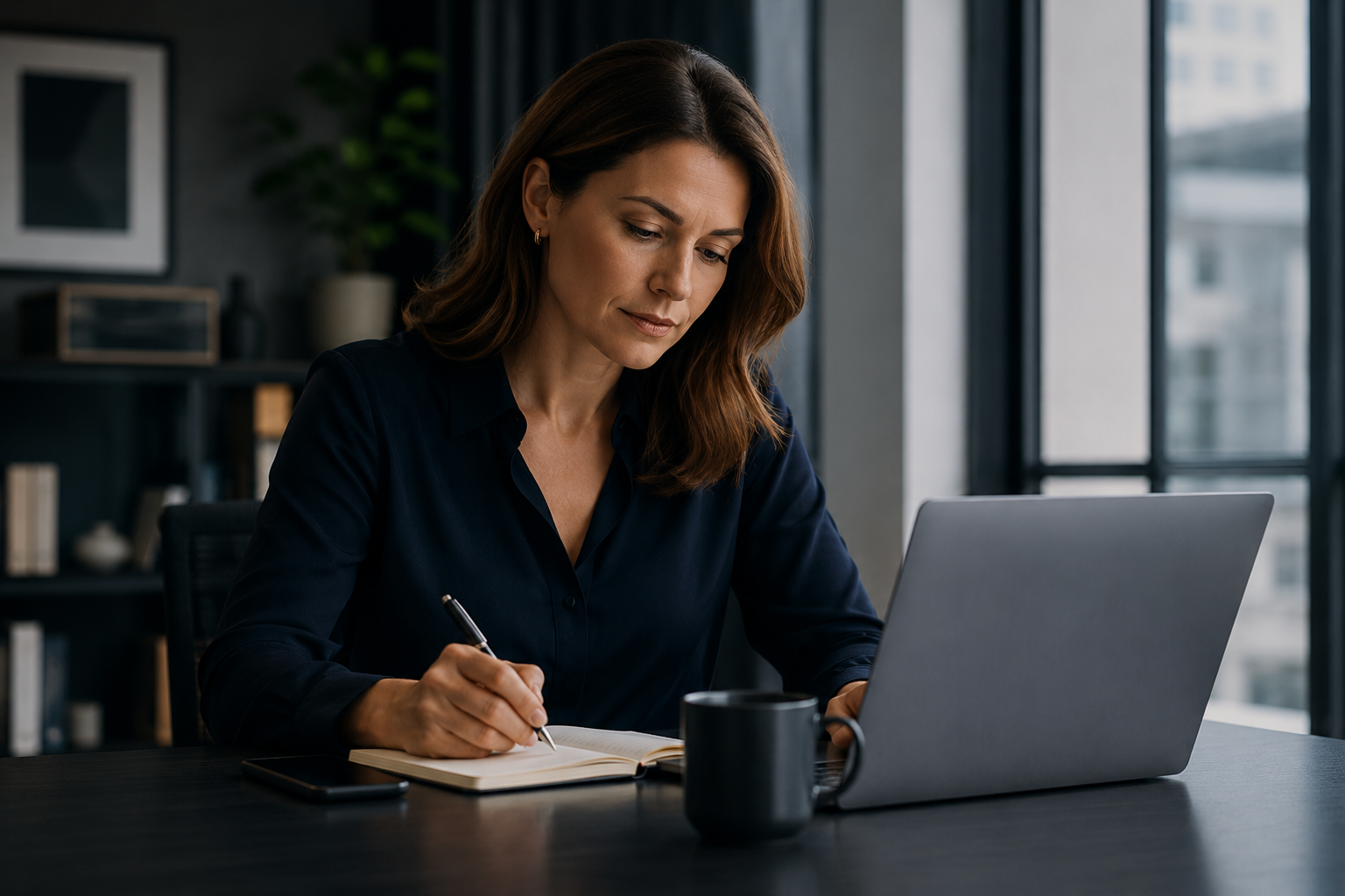 An experienced professional working thoughtfully beside her laptop